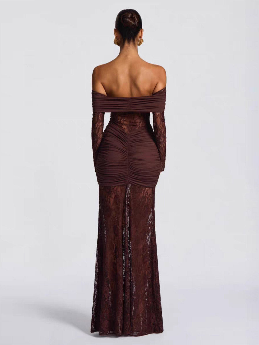 Party Dress Maxi Burgundy Off-The-Shoulder Lace Long Sleeves Sexy Semi Formal Dress