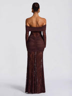 Party Dress Maxi Burgundy Off-The-Shoulder Lace Long Sleeves Sexy Semi Formal Dress