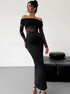 Party Dress Maxi Coffee Brown Off-The-Shoulder Lace Long Sleeves Shaping Elegant Semi Formal Dress