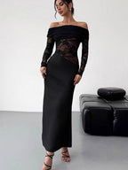 Party Dress Maxi Coffee Brown Off-The-Shoulder Lace Long Sleeves Shaping Elegant Semi Formal Dress