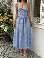 Vacation Sundress Spaghetti Strap Midi Blue White Cami Twist Bust Elastic Back Flowy Dress
