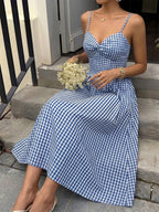 Vacation Sundress Spaghetti Strap Midi Blue White Cami Twist Bust Elastic Back Flowy Dress
