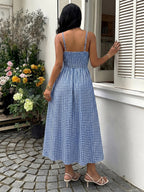 Vacation Sundress Spaghetti Strap Midi Blue White Cami Twist Bust Elastic Back Flowy Dress