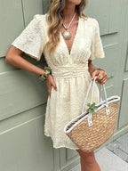 Date Night Dresses Light Apricot 3D Feather Texture V Neck Ruffle Sleeve Elastic Waist Loose Summer Mini Dress