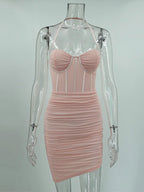 Party Dress Mini Pink Straps Neck Sleeveless Shaping Sexy Semi Formal Dress
