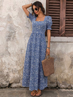 Vacation Sundress Dark Blue Tiny Floral Square Neck Long Puff Sleeve Elastic Waist Flowy Maxi Summer Casual Dress