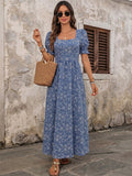 Vacation Sundress Dark Blue Tiny Floral Square Neck Long Puff Sleeve Elastic Waist Flowy Maxi Summer Casual Dress