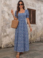 Vacation Sundress Dark Blue Tiny Floral Square Neck Long Puff Sleeve Elastic Waist Flowy Maxi Summer Casual Dress