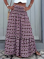 Women Boho Geometric Print Maxi Skirt Smocked High Waist Tiered Long Skirt