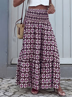 Women Boho Geometric Print Maxi Skirt Smocked High Waist Tiered Long Skirt