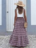 Women Boho Geometric Print Maxi Skirt Smocked High Waist Tiered Long Skirt