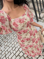 Vacation Beach Sundress Pink Rose Floral Square Neck Midi Flutter Sleeve Tie Waist Ruffle Hem Casual Summer Dress