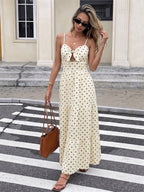 Vacation Casual Sundress Cream Polka Dot Cami Maxi Front Knot Flowy Summer Dress
