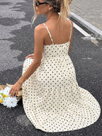 Vacation Casual Sundress Cream Polka Dot Cami Maxi Front Knot Flowy Summer Dress