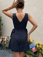 Date Night Dresses Navy Vertical Striped Waist Bow Summer Casual Mini Dress