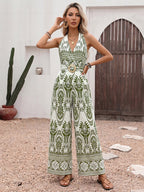 White Base Green Boho Print Halter Jumpsuit Back Self Tie Wooden Buckle Belt High Waist Flow Wide Leg Vacation Playsuit