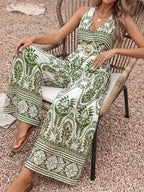 White Base Green Boho Print Halter Jumpsuit Back Self Tie Wooden Buckle Belt High Waist Flow Wide Leg Vacation Playsuit