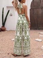 White Base Green Boho Print Halter Jumpsuit Back Self Tie Wooden Buckle Belt High Waist Flow Wide Leg Vacation Playsuit