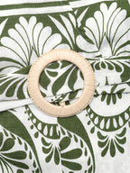 White Base Green Boho Print Halter Jumpsuit Back Self Tie Wooden Buckle Belt High Waist Flow Wide Leg Vacation Playsuit