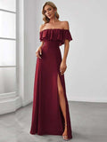 Party Dress Maxi Burgundy Off-The-Shoulder Sleeveless Shaping Elegant Semi Formal Dress