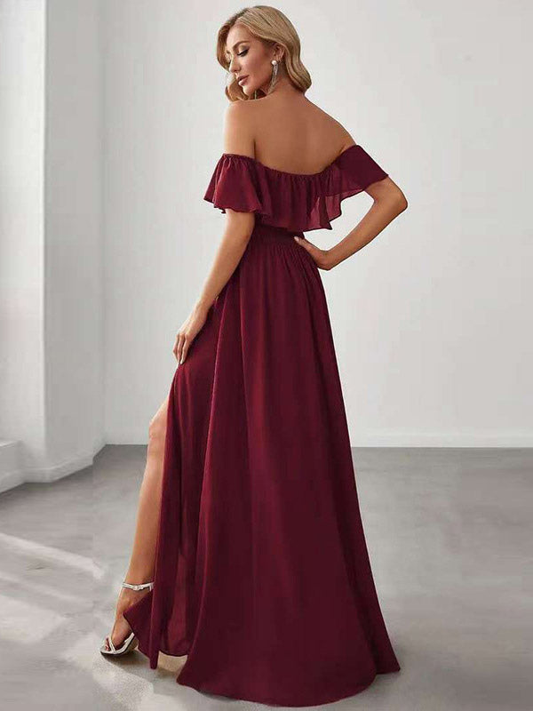 Party Dress Maxi Burgundy Off-The-Shoulder Sleeveless Shaping Elegant Semi Formal Dress