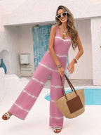 Soft Pink Horizontal Tie Dye Jumpsuit Sleeveless V Neck Straps High Waist Flow Wide Leg Vacation Playsuit