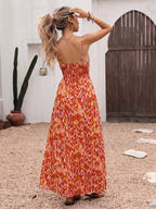 Vacation Dress Maxi Straps Cami Neck Sleeveless Bohemian Two-Tone Backless Floral Print Long Dress