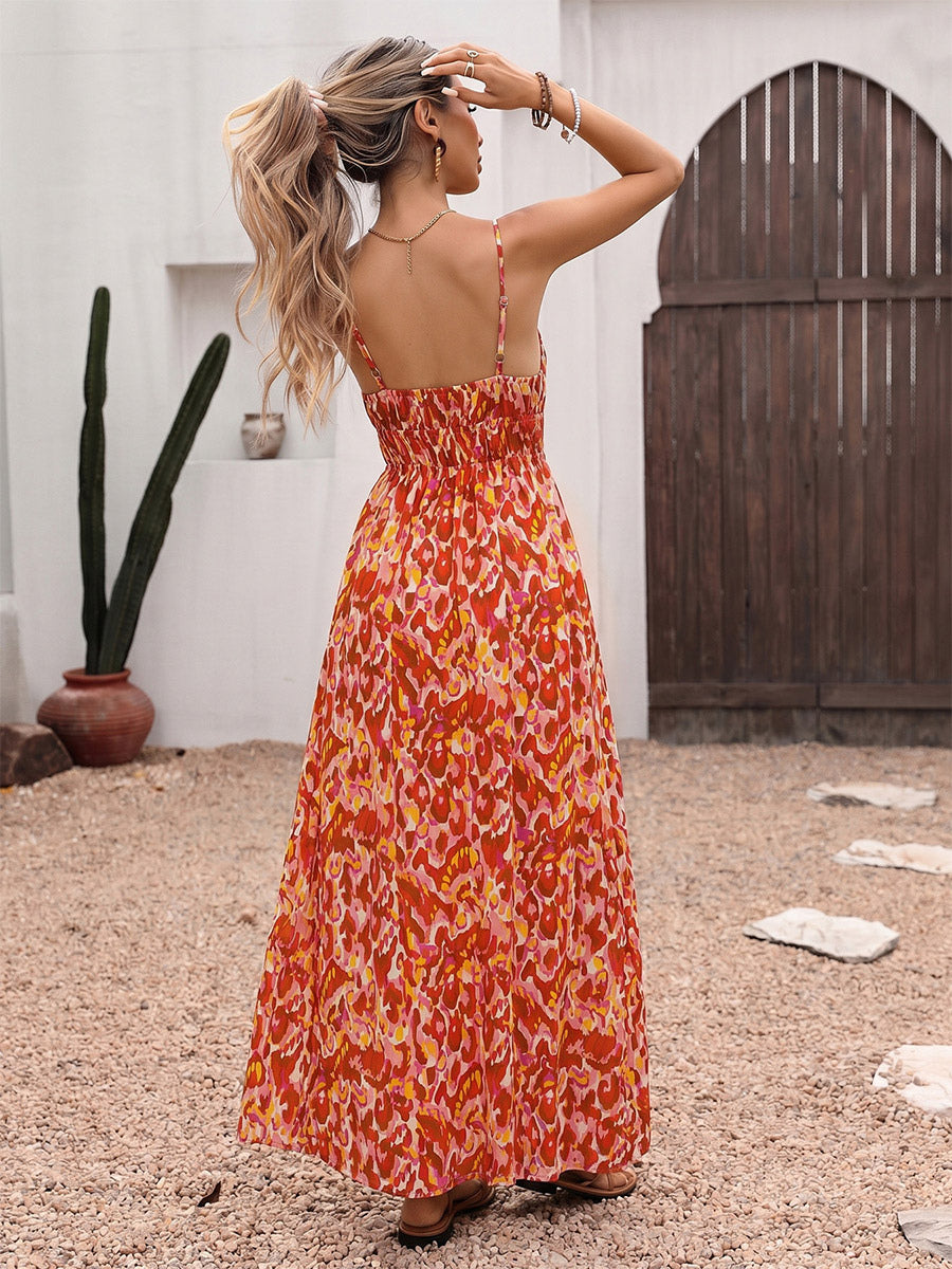 Vacation Dress Maxi Straps Cami Neck Sleeveless Bohemian Two-Tone Backless Floral Print Long Dress