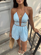 Stripe Halter Neck Romper Chocolate Contrast Trim Back Tie Elastic Waist Pocket Vacation Short Jumpsuit