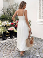 Vacation Dress Boho White Lace Cami Maxi Hollow Waist Flowy Beach Long Sundress