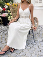 Vacation Dress Boho White Lace Cami Maxi Hollow Waist Flowy Beach Long Sundress