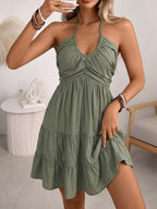 Vacation Dress Midi Lace Up Backless Halter Neck Tiered Ruffle Summer Beach Sundress