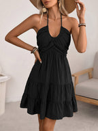 Vacation Dress Midi Lace Up Backless Halter Neck Tiered Ruffle Summer Beach Sundress