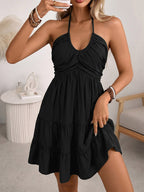 Vacation Dress Midi Lace Up Backless Halter Neck Tiered Ruffle Summer Beach Sundress