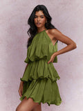 Daily Dresses Mini Orange Red Tiered Sleeveless Raised Waist Dress
