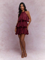 Daily Dresses Mini Orange Red Tiered Sleeveless Raised Waist Dress
