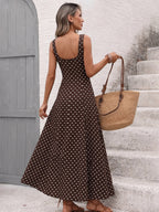 Vacation Sundress Brown Polka Dot Spaghetti Strap Maxi Women Flowy Swing Summer Dress