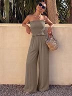 Solid Taupe Strapless Jumpsuit Ruffle Edge Smocked Bust Elastic High Waist Flow Wide Leg Casual Vacation Playsuit