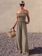 Solid Taupe Strapless Jumpsuit Ruffle Edge Smocked Bust Elastic High Waist Flow Wide Leg Casual Vacation Playsuit