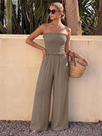 Solid Taupe Strapless Jumpsuit Ruffle Edge Smocked Bust Elastic High Waist Flow Wide Leg Casual Vacation Playsuit