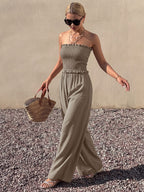 Solid Taupe Strapless Jumpsuit Ruffle Edge Smocked Bust Elastic High Waist Flow Wide Leg Casual Vacation Playsuit