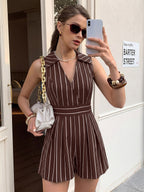 Chocolate White Vertical Stripe Sleeveless Romper Collared V-Neck Waist Band Back Bow Pleated Short Jumpsuit