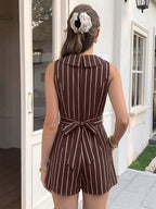 Chocolate White Vertical Stripe Sleeveless Romper Collared V-Neck Waist Band Back Bow Pleated Short Jumpsuit