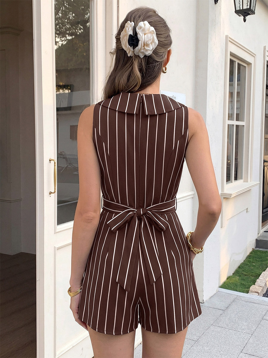 Chocolate White Vertical Stripe Sleeveless Romper Collared V-Neck Waist Band Back Bow Pleated Short Jumpsuit