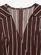 Chocolate White Vertical Stripe Sleeveless Romper Collared V-Neck Waist Band Back Bow Pleated Short Jumpsuit