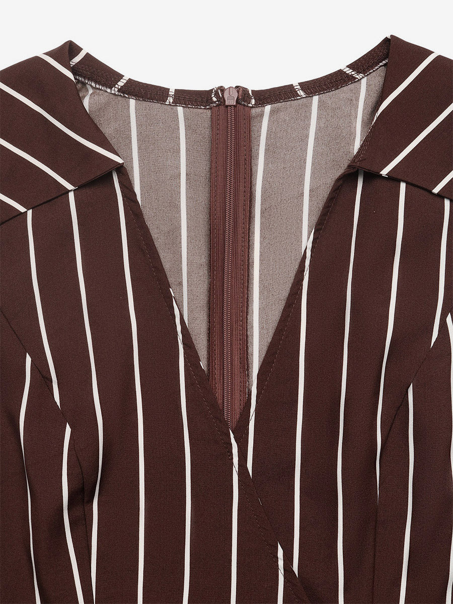 Chocolate White Vertical Stripe Sleeveless Romper Collared V-Neck Waist Band Back Bow Pleated Short Jumpsuit