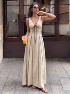 Vacation Sundress Maxi Flowy V-Neck Sleeveless Chic Two-Tone Lace Up Long Dress