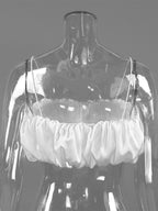 Multi Color Ruched Bubble Hem Satin Cami Strapless Spaghetti Strap Crop Top