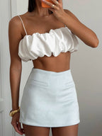 Multi Color Ruched Bubble Hem Satin Cami Strapless Spaghetti Strap Crop Top