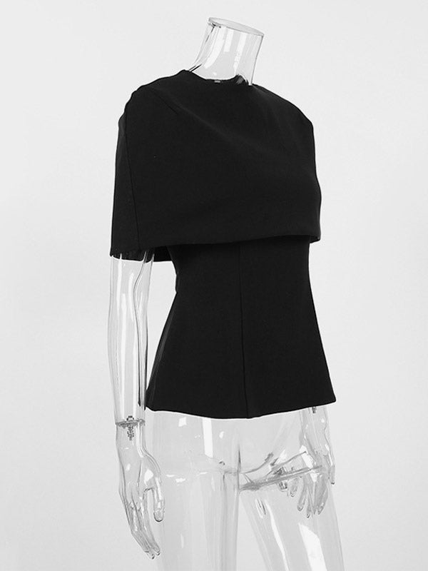 Draped Cowl Neck Cape Overlay Peplum Sleeveless Slim Formal Blouse Top